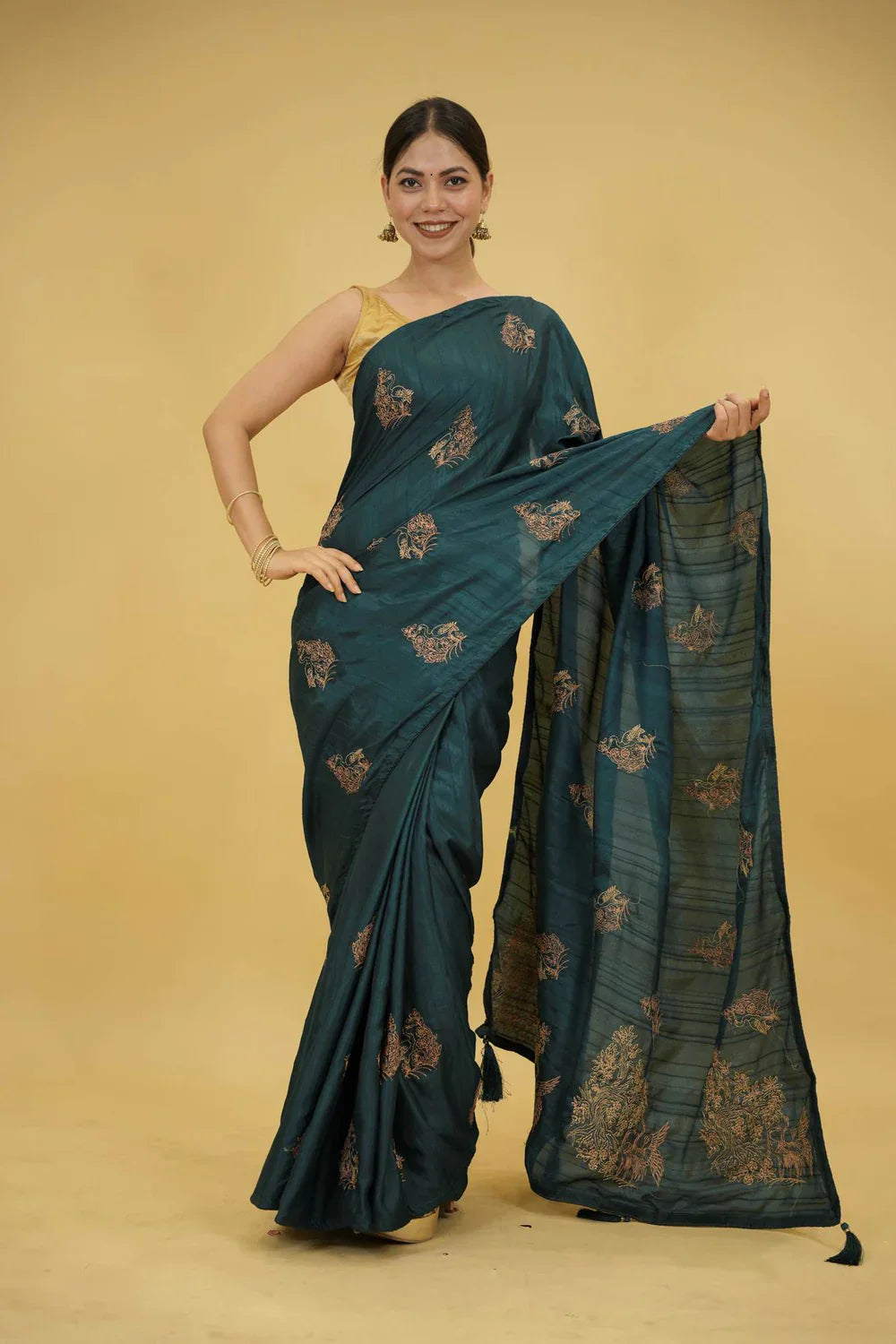 Dark Teal Borderless Soft Silk with Intricate Zari Woven Motifs Ready To Wear Saree