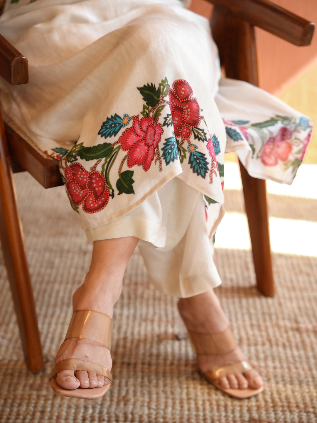 White Placement Floral Print with Red and Yellow Beads Kurta Set- SET OF-2 | SHOBITAM