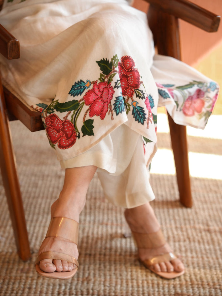 White Placement Floral Print with Red and Yellow Beads Kurta Set- SET OF-2 | SHOBITAM