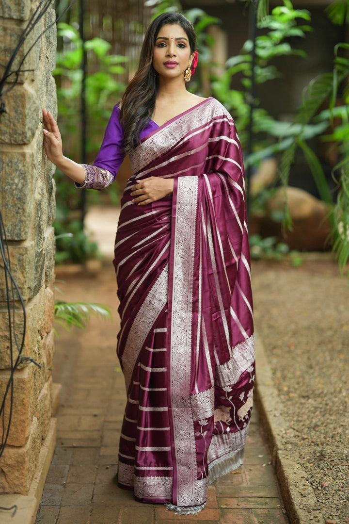 Viscose Satin Saree With Silver Zari Stripes and Pichwai Pallu In Rosewood