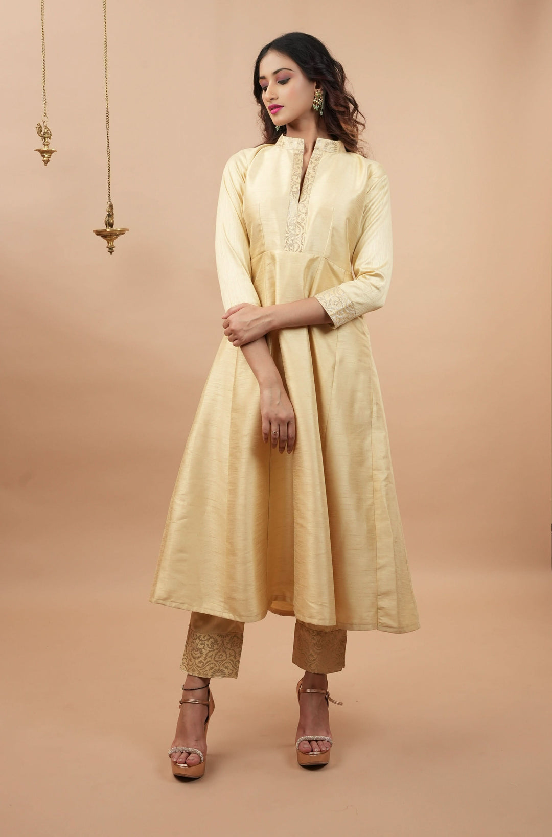 Ivory Light Flare Anarkali and Ankle Pants 2 pieve set with Banarasi Brocade Trim | Shobitam Made to Order