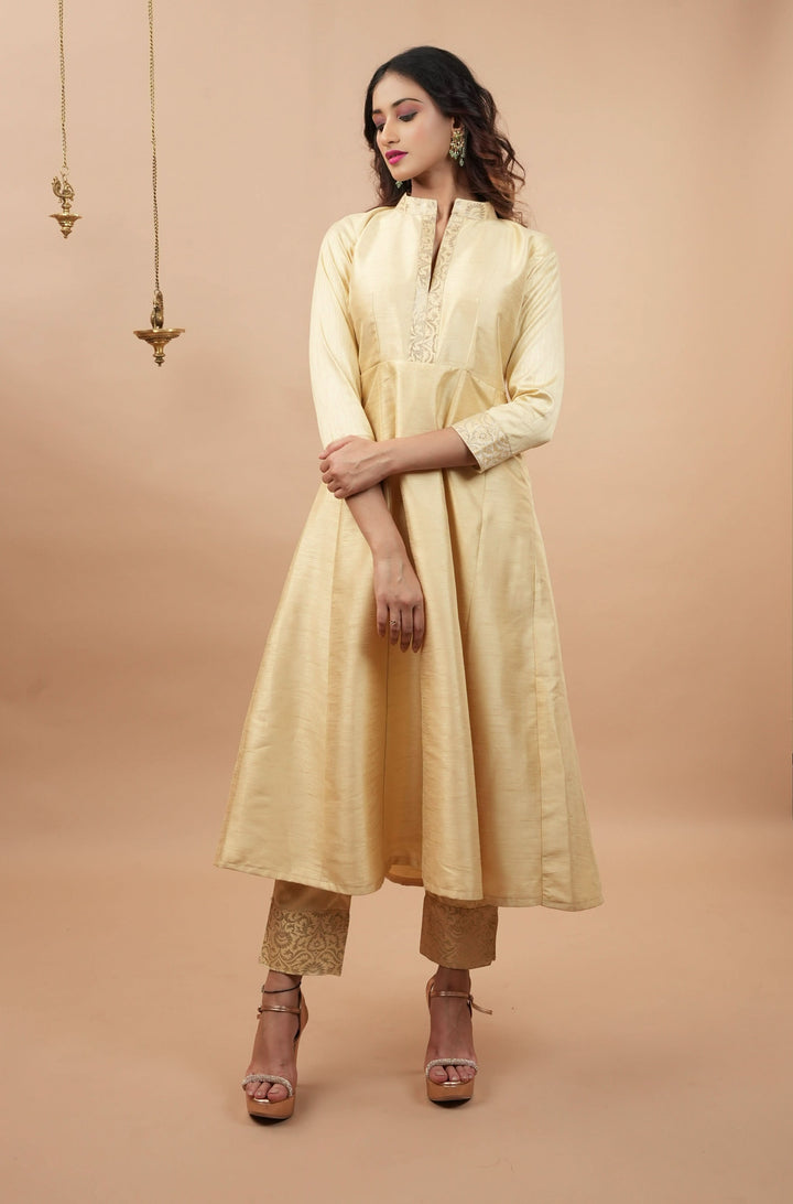 Ivory Light Flare Anarkali and Ankle Pants 2 pieve set with Banarasi Brocade Trim | Shobitam Made to Order