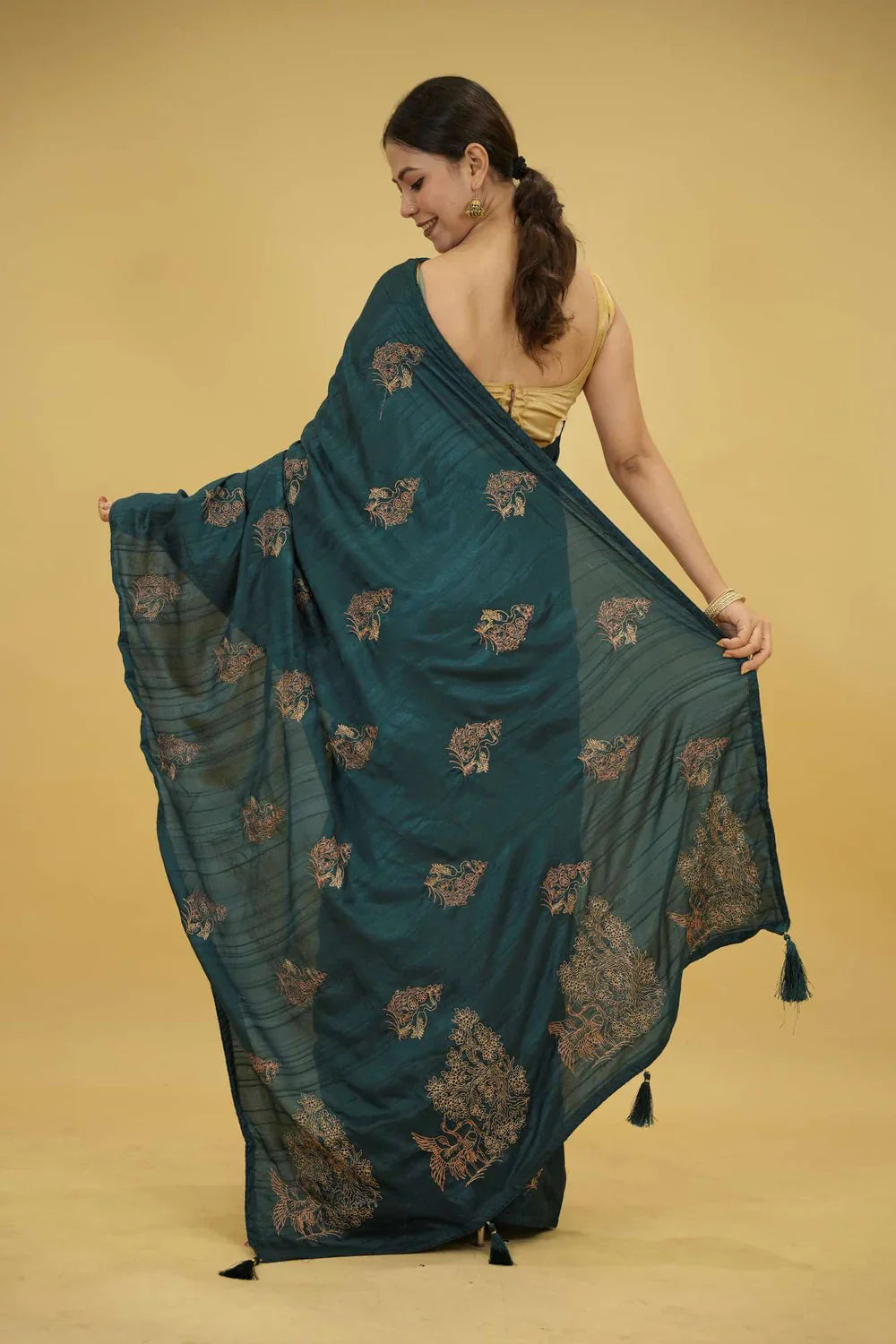Dark Teal Borderless Soft Silk with Intricate Zari Woven Motifs Ready To Wear Saree
