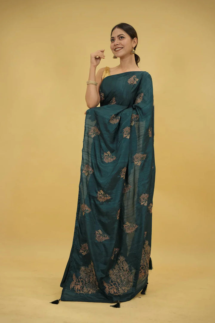 Dark Teal Borderless Soft Silk with Intricate Zari Woven Motifs Ready To Wear Saree
