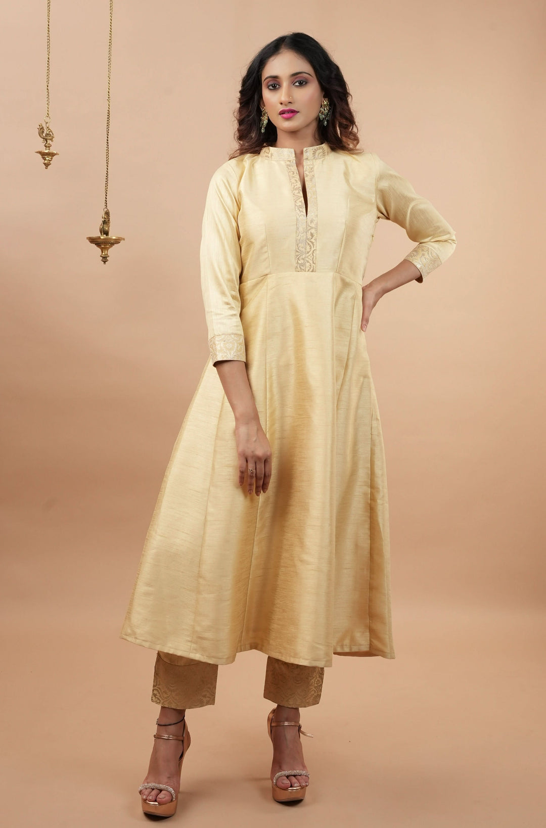 Ivory Light Flare Anarkali and Ankle Pants 2 pieve set with Banarasi Brocade Trim | Shobitam Made to Order