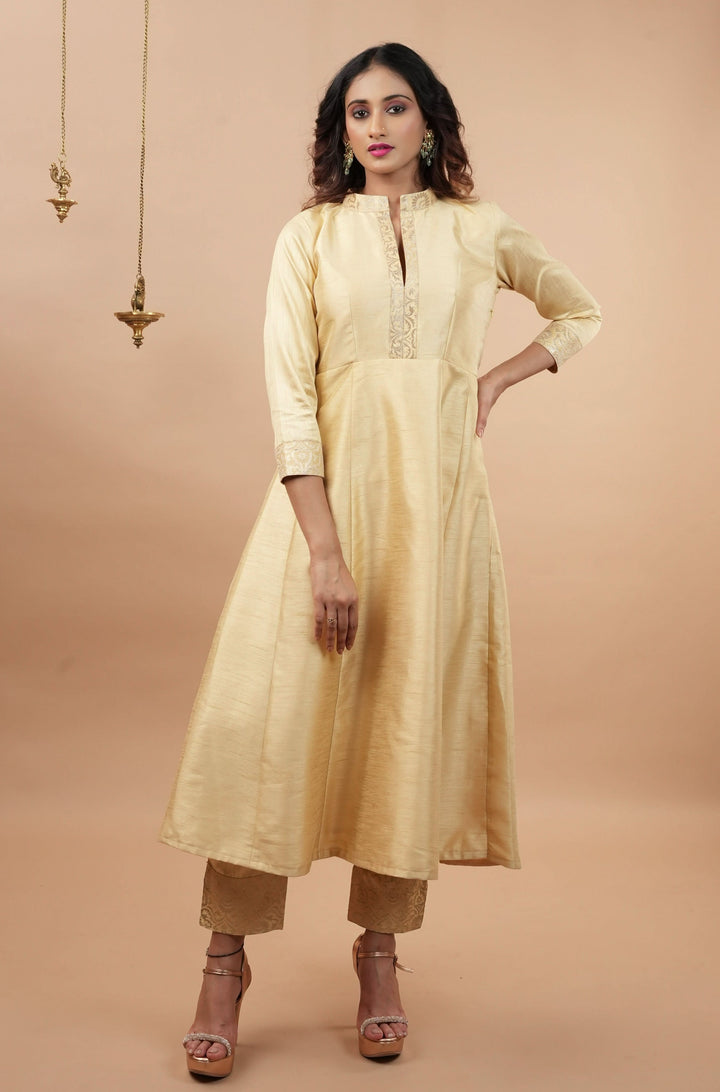 Ivory Light Flare Anarkali and Ankle Pants 2 pieve set with Banarasi Brocade Trim | Shobitam Made to Order
