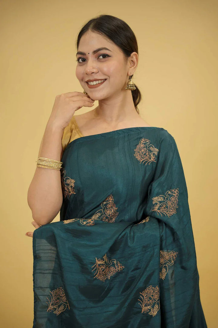 Dark Teal Borderless Soft Silk with Intricate Zari Woven Motifs Ready To Wear Saree