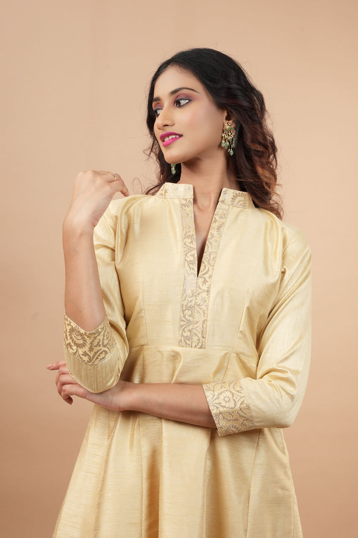 Ivory Light Flare Anarkali and Ankle Pants 2 pieve set with Banarasi Brocade Trim | Shobitam Made to Order