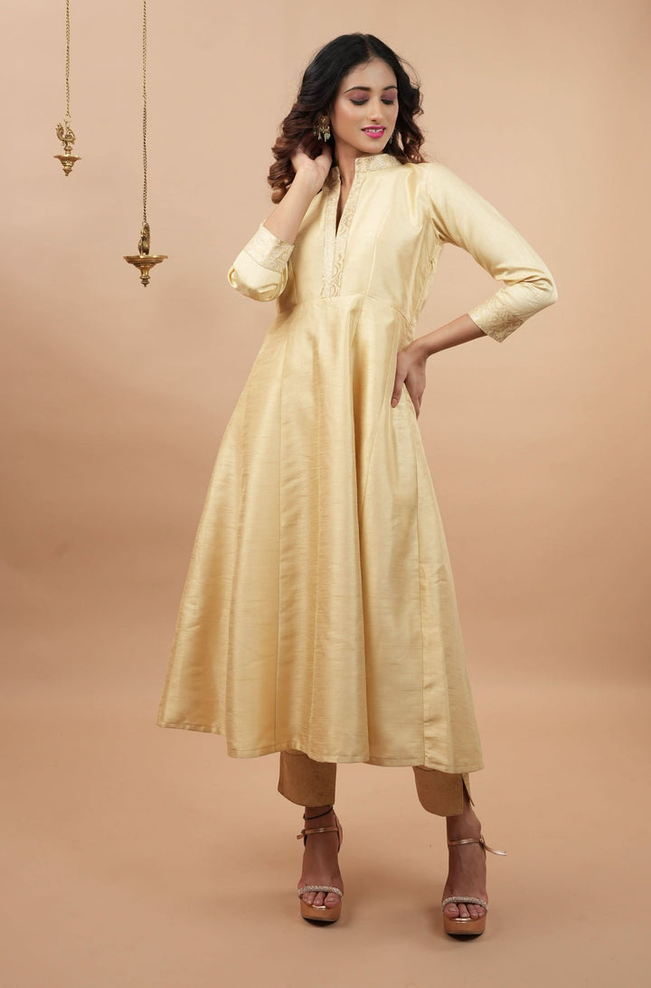 Ivory Light Flare Anarkali and Ankle Pants 2 pieve set with Banarasi Brocade Trim | Shobitam Made to Order