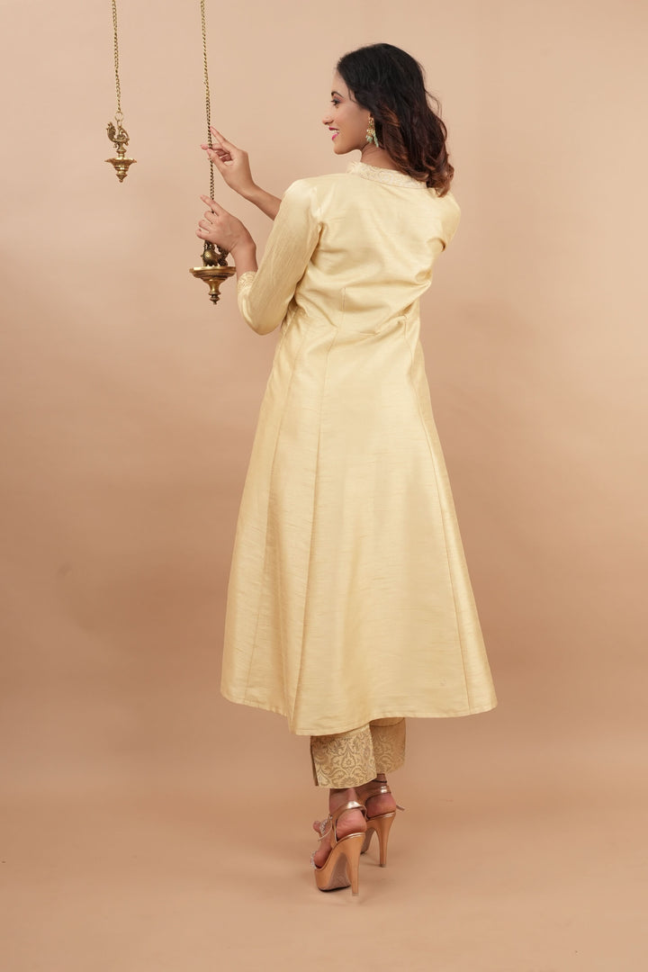 Ivory Light Flare Anarkali and Ankle Pants 2 pieve set with Banarasi Brocade Trim | Shobitam Made to Order
