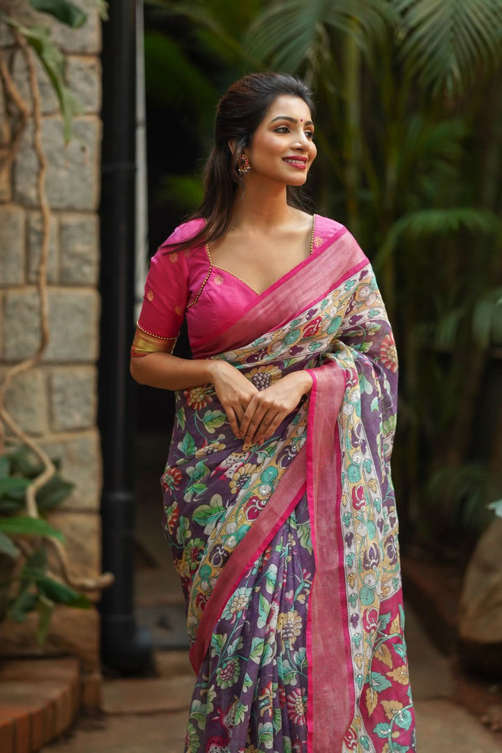 Distressed Print Kalamkari Linen Saree with Hand Sequin Work