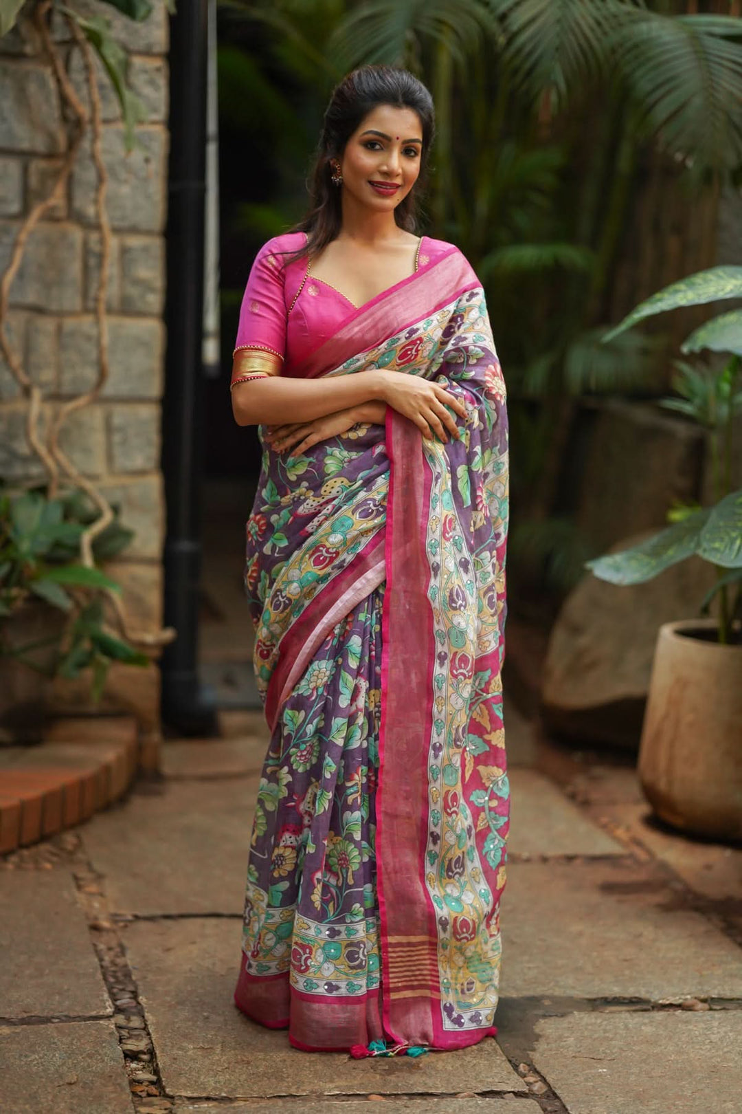 Distressed Print Kalamkari Linen Saree with Hand Sequin Work