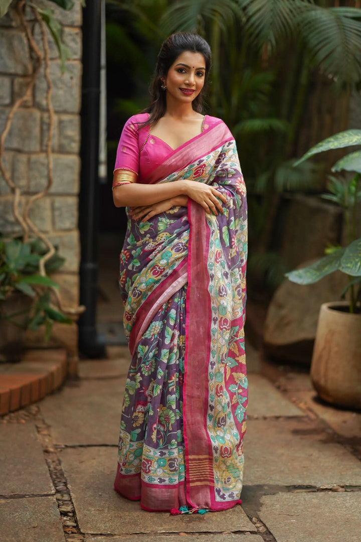 Distressed Print Kalamkari Linen Saree with Hand Sequin Work