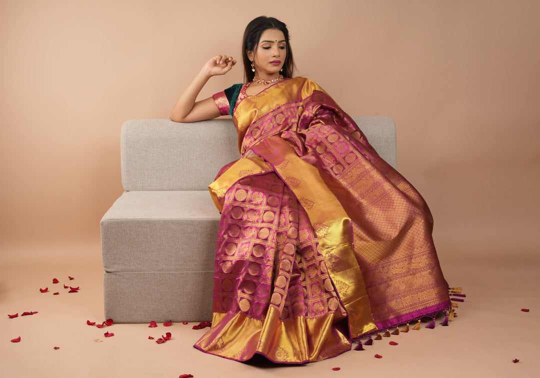 Pink Patola Design Brocade Kanjivaram Silk saree with Antique Gold Zari | SILK MARK CERTIFIED