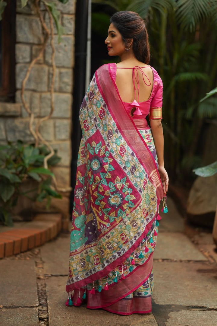 Distressed Print Kalamkari Linen Saree with Hand Sequin Work