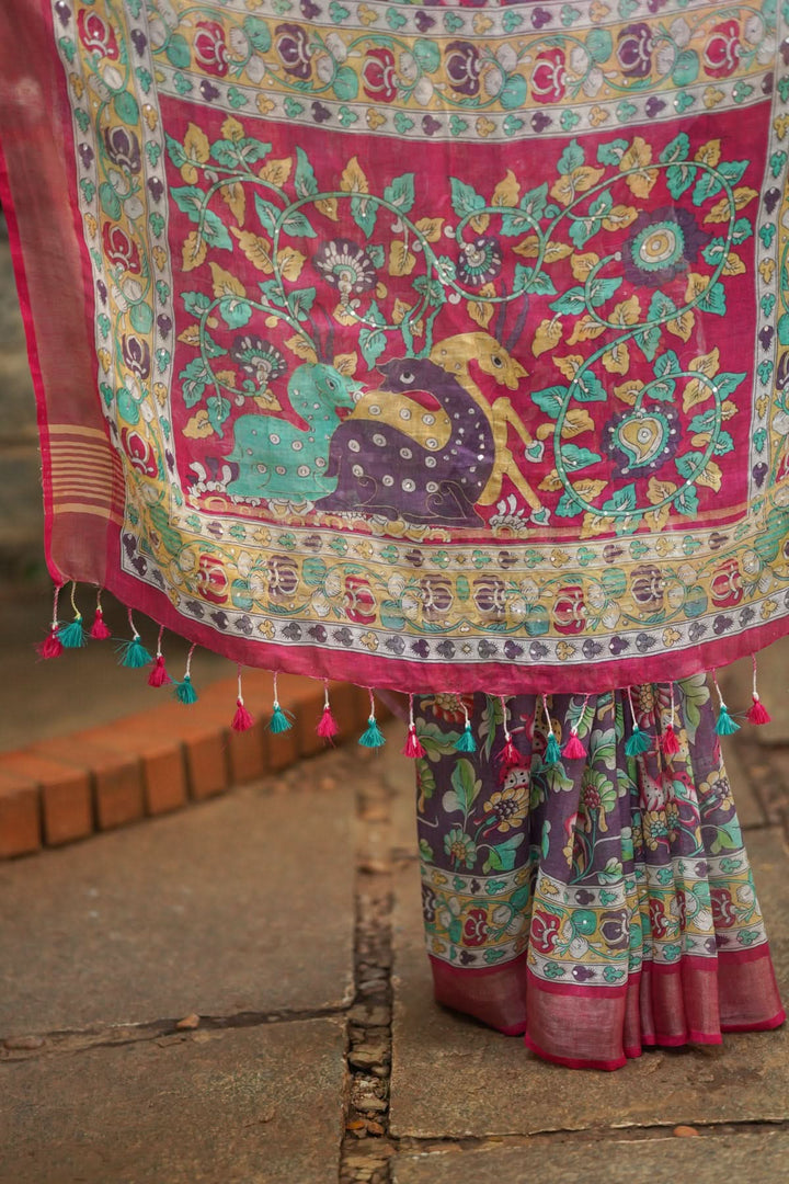 Distressed Print Kalamkari Linen Saree with Hand Sequin Work