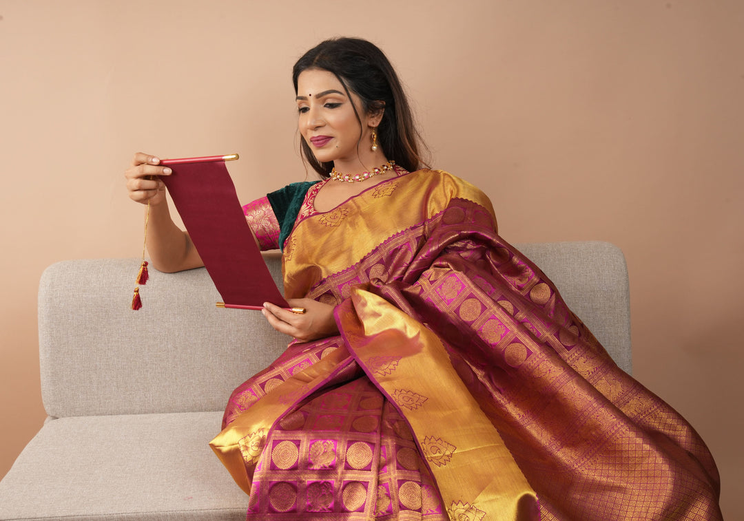 Pink Patola Design Brocade Kanjivaram Silk saree with Antique Gold Zari | SILK MARK CERTIFIED