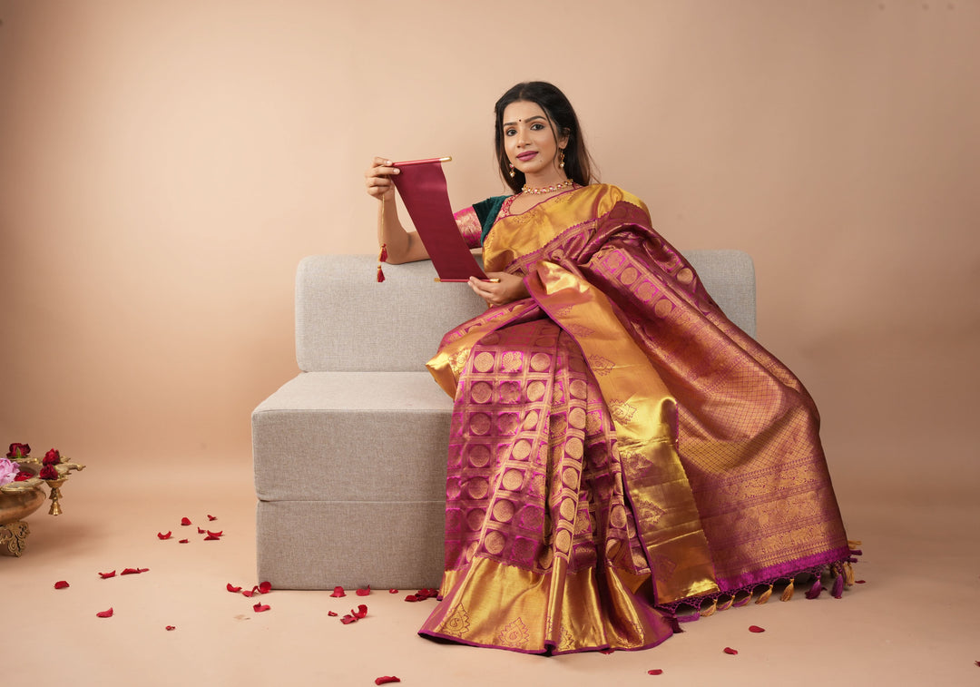 Pink Patola Design Brocade Kanjivaram Silk saree with Antique Gold Zari | SILK MARK CERTIFIED