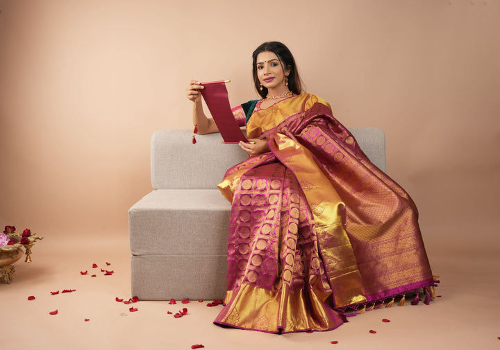 Pink Patola Design Brocade Kanjivaram Silk saree with Antique Gold Zari | SILK MARK CERTIFIED