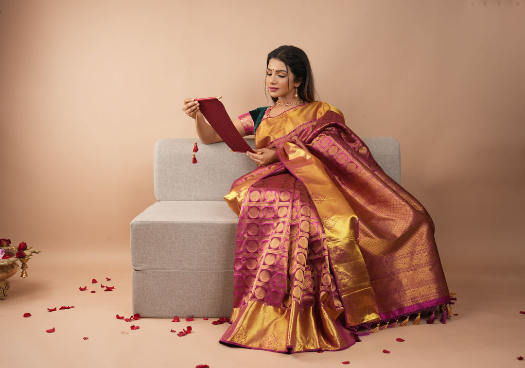 Pink Patola Design Brocade Kanjivaram Silk saree with Antique Gold Zari | SILK MARK CERTIFIED