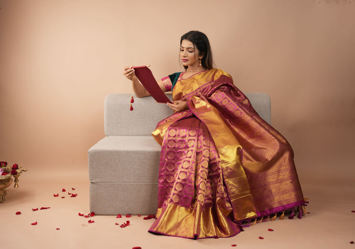 Pink Patola Design Brocade Kanjivaram Silk saree with Antique Gold Zari | SILK MARK CERTIFIED