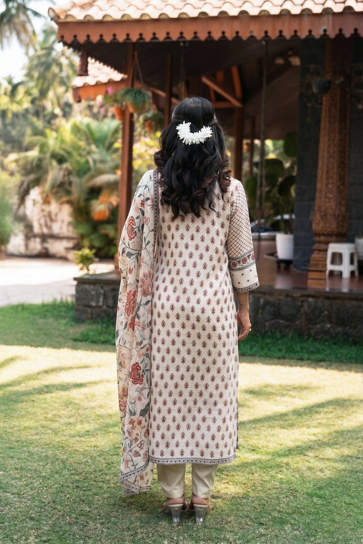 Off White Jaipur Bagh Muslin Suit Set- SET OF-3 | SHOBITAM