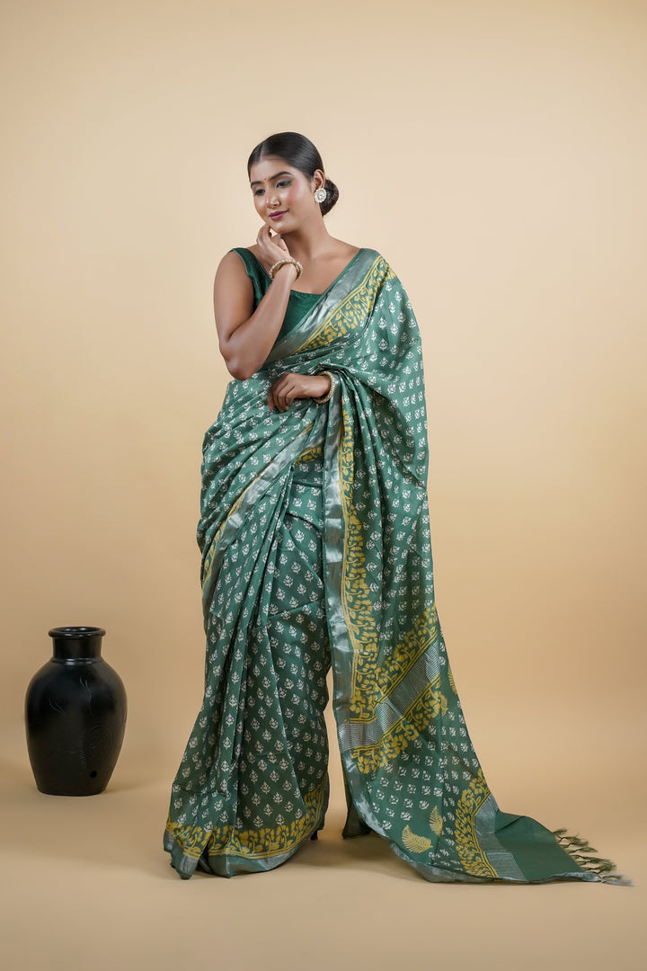 Bhagalpuri Cotton Linen Saree Discharge Print with Solid Border