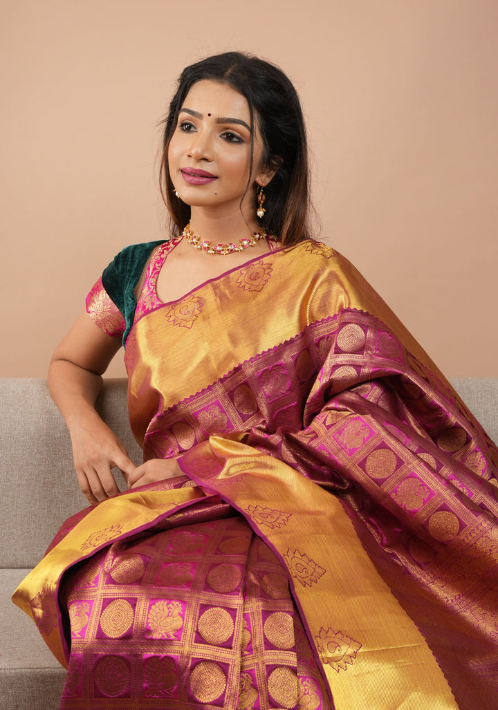 Pink Patola Design Brocade Kanjivaram Silk saree with Antique Gold Zari | SILK MARK CERTIFIED