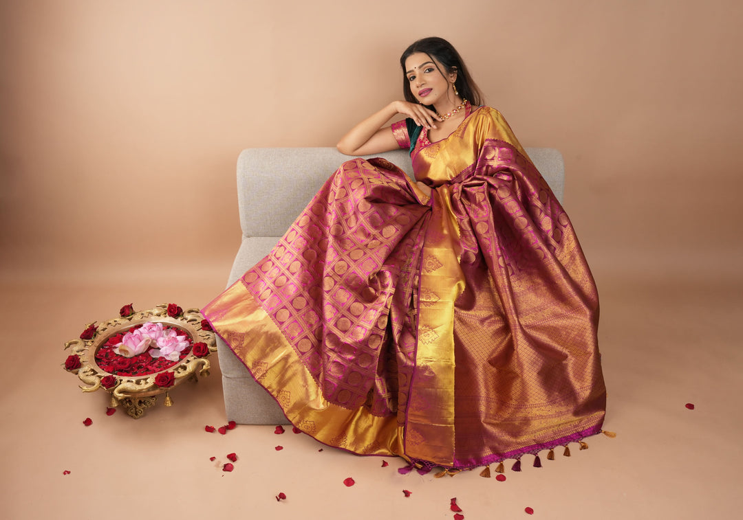 Pink Patola Design Brocade Kanjivaram Silk saree with Antique Gold Zari | SILK MARK CERTIFIED