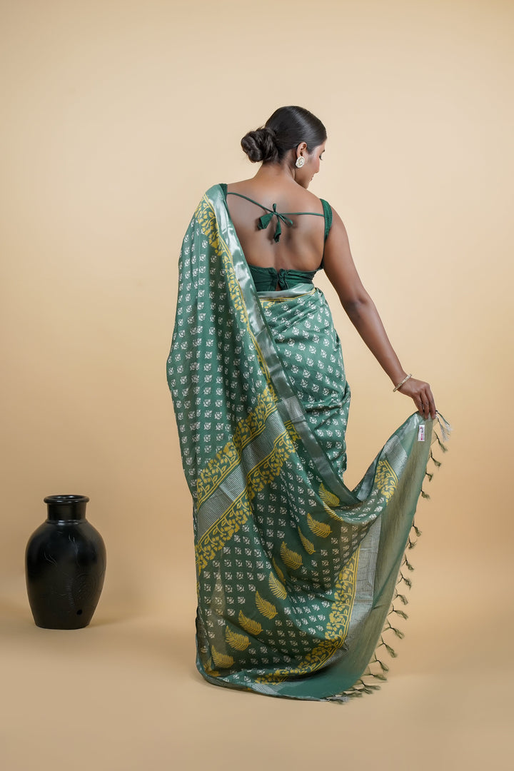 Bhagalpuri Cotton Linen Saree Discharge Print with Solid Border