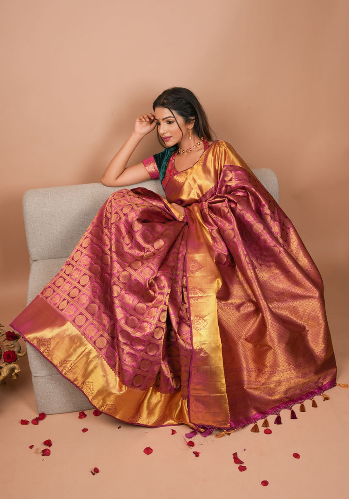 Pink Patola Design Brocade Kanjivaram Silk saree with Antique Gold Zari | SILK MARK CERTIFIED