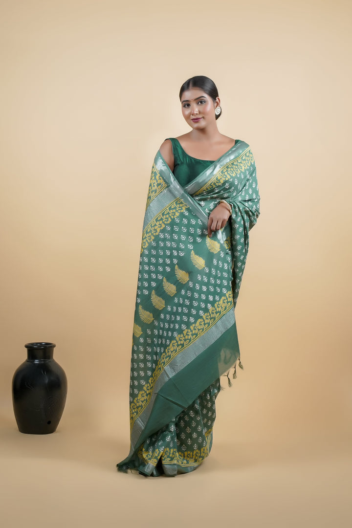Bhagalpuri Cotton Linen Saree Discharge Print with Solid Border