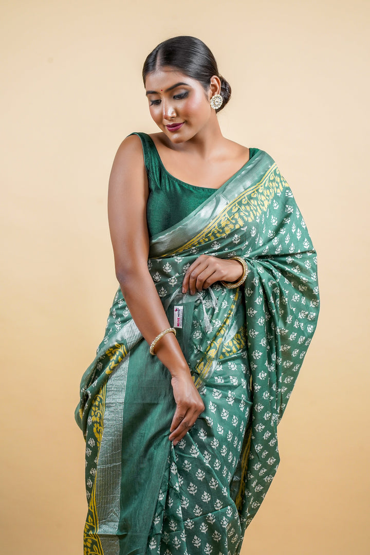 Bhagalpuri Cotton Linen Saree Discharge Print with Solid Border