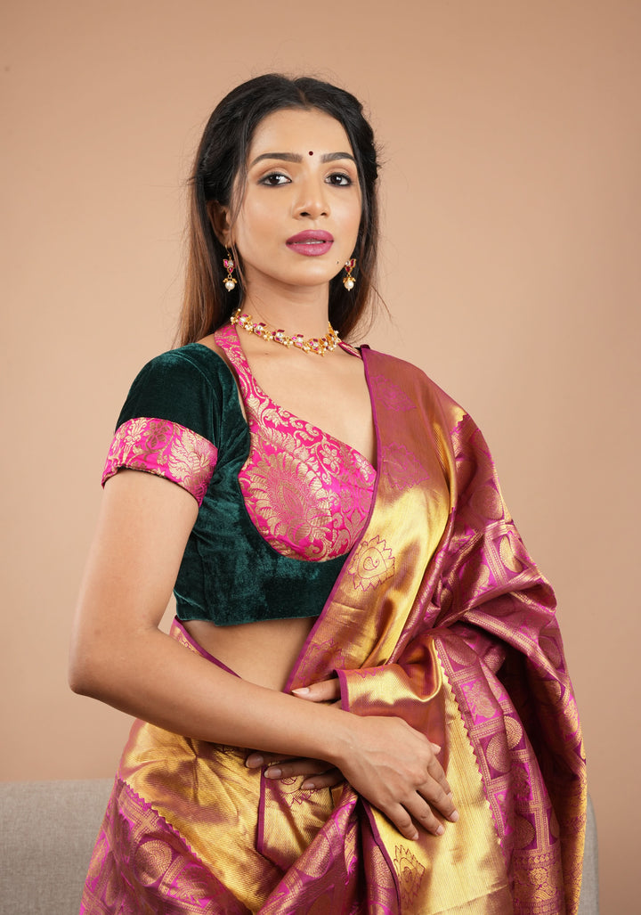 Green Pink Halter and Bustier Layered Look Blouse in Velvet and Banarasi Brocade, Customizable, Made to Order