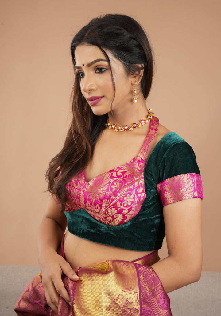 Green Pink Halter and Bustier Layered Look Blouse in Velvet and Banarasi Brocade, Customizable, Made to Order