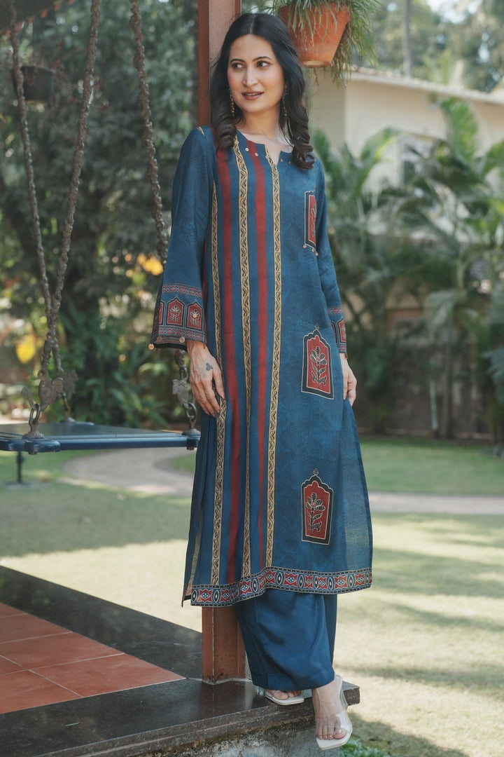Jharokha Teal Block Print Kurta Set- SET OF-2 | SHOBITAM