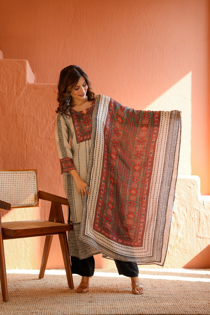 Black and White Striped Print With Multi Coloured Yoke Suit Set - SET OF -2 | SHOBITAM
