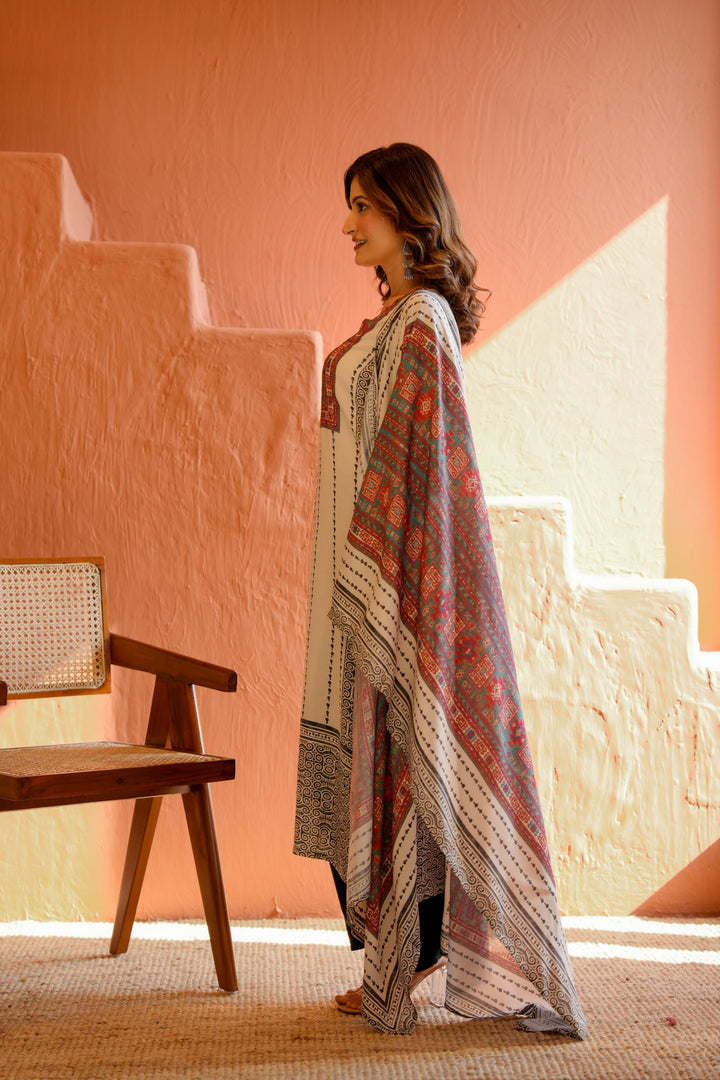 Black and White Striped Print With Multi Coloured Yoke Suit Set - SET OF -2 | SHOBITAM