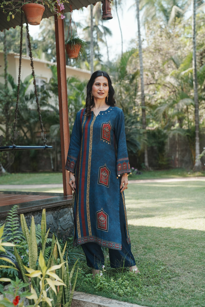 Jharokha Teal Block Print Kurta Set- SET OF-2 | SHOBITAM