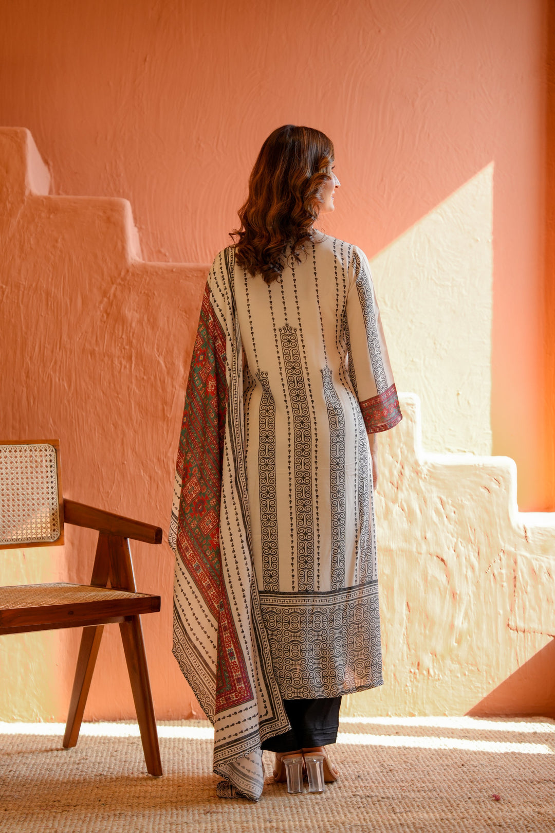 Black and White Striped Print With Multi Coloured Yoke Suit Set - SET OF -2 | SHOBITAM