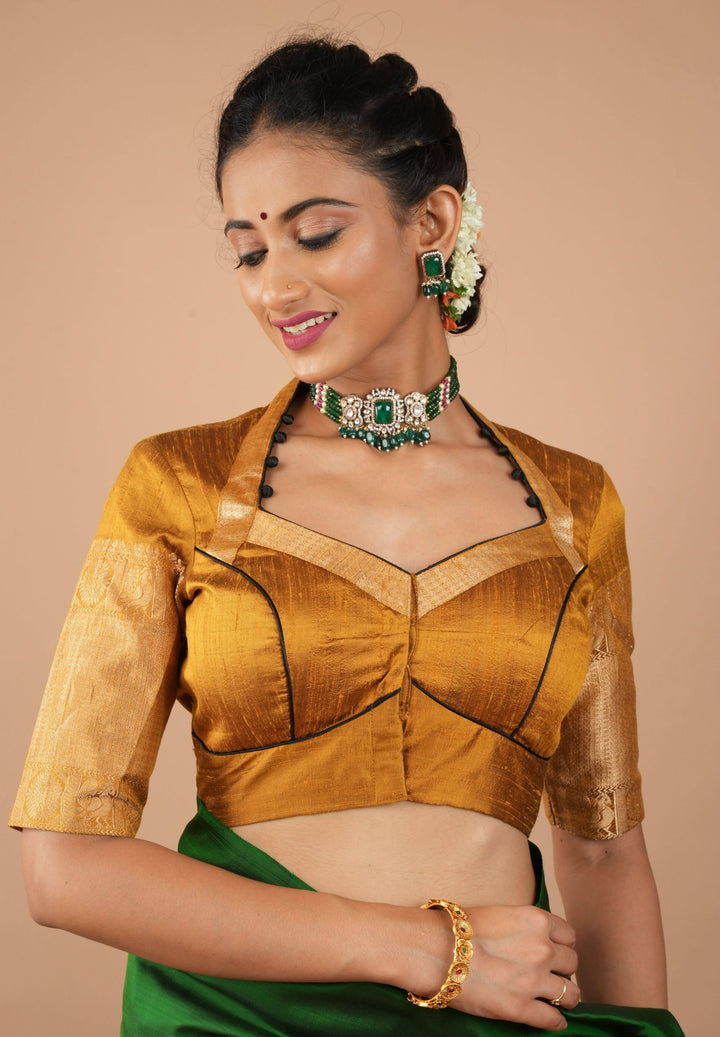 Ochre Pure Raw Silk With Wide Zari Borders and Free Spirit Floral and Birds Embroidery, Customizable, Made to Order