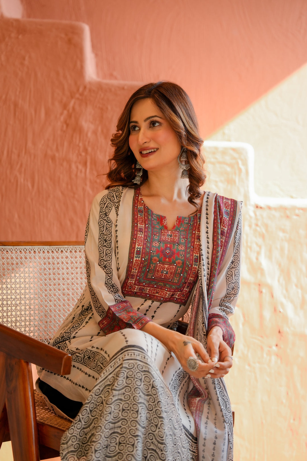 Black and White Striped Print With Multi Coloured Yoke Suit Set - SET OF -2 | SHOBITAM