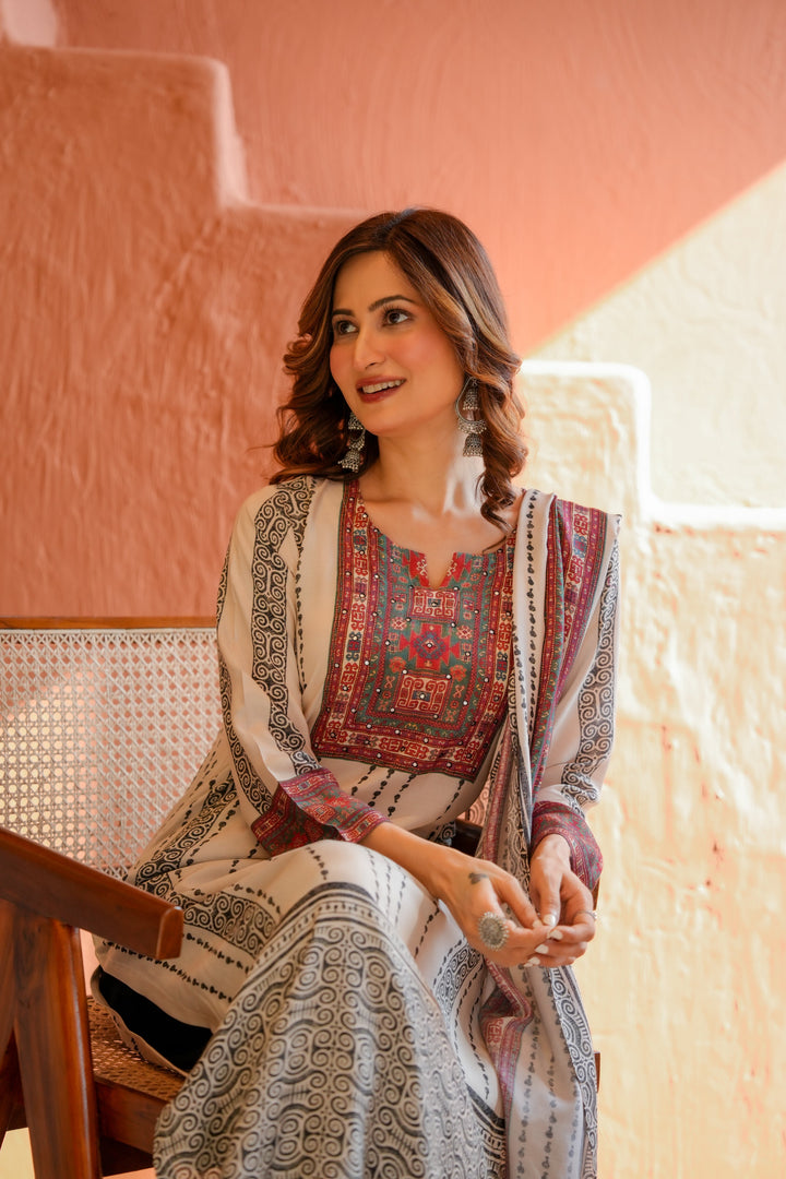 Black and White Striped Print With Multi Coloured Yoke Suit Set - SET OF -2 | SHOBITAM