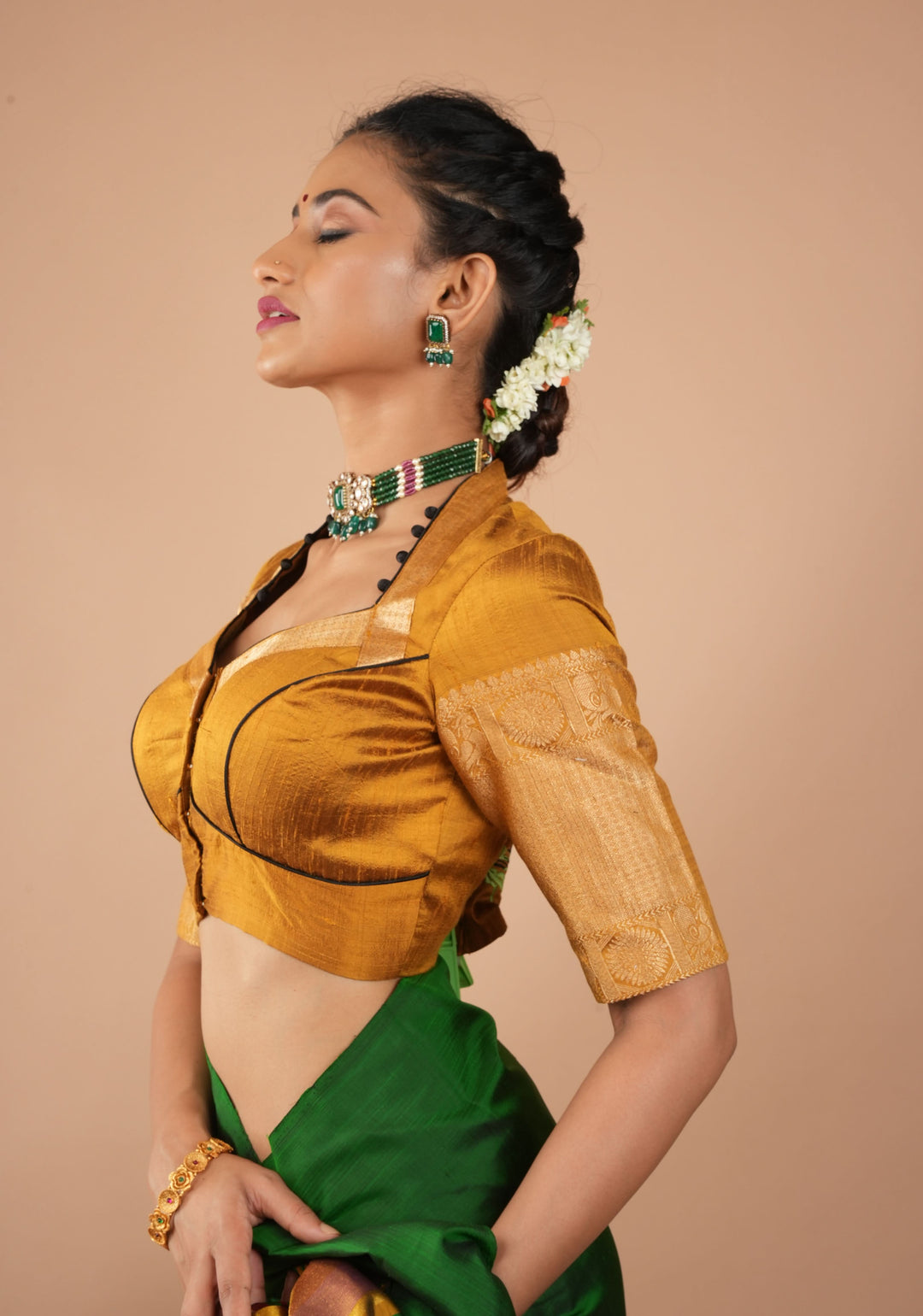 Ochre Pure Raw Silk With Wide Zari Borders and Free Spirit Floral and Birds Embroidery, Customizable, Made to Order