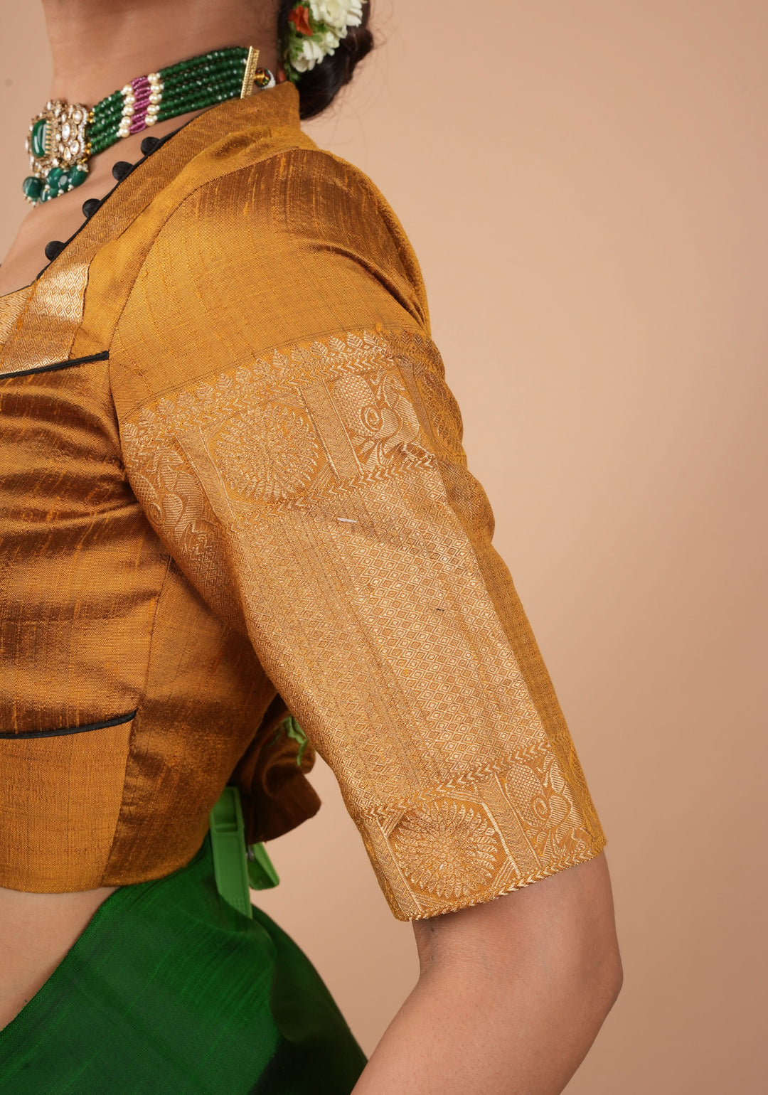 Ochre Pure Raw Silk With Wide Zari Borders and Free Spirit Floral and Birds Embroidery, Customizable, Made to Order