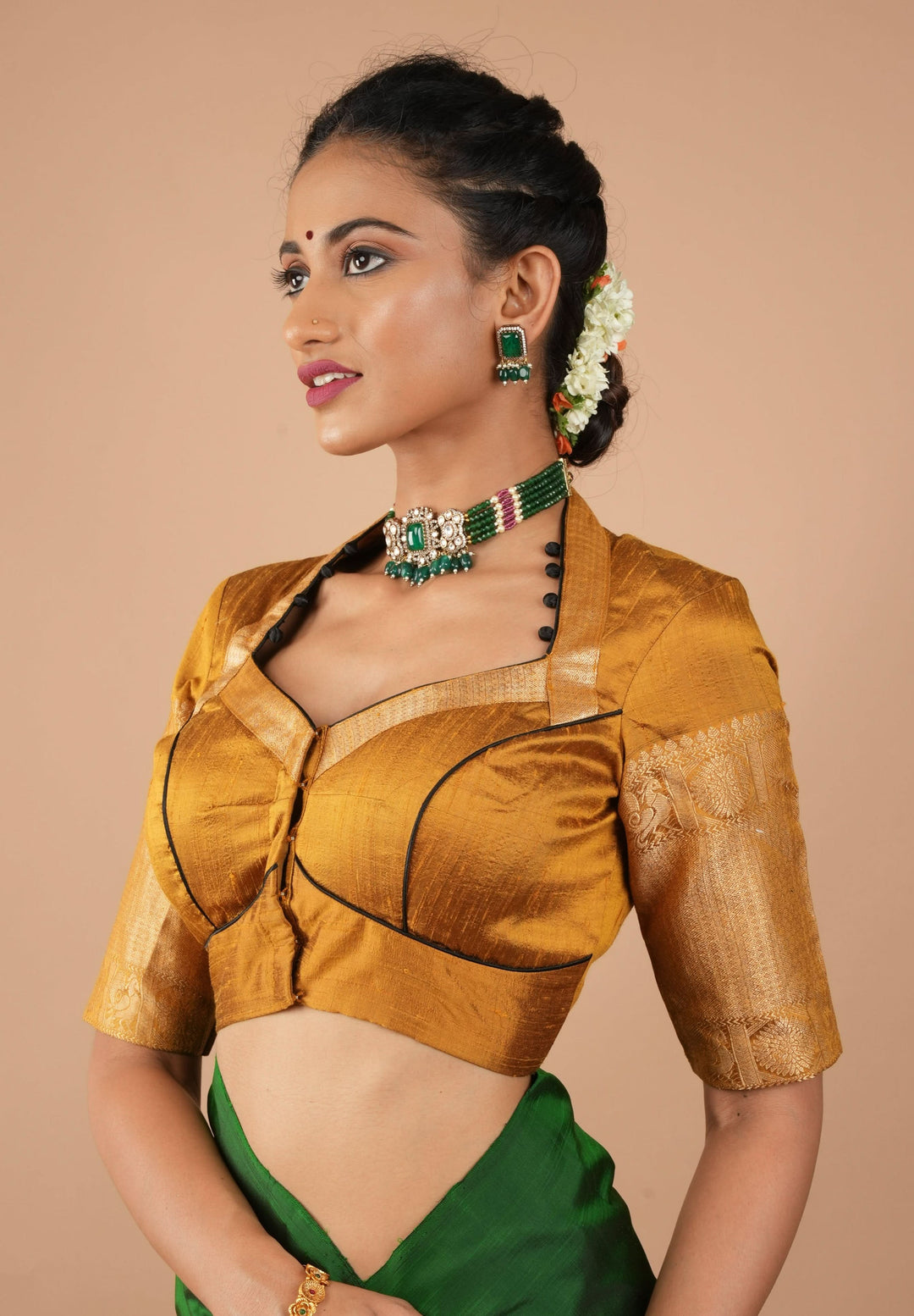 Ochre Pure Raw Silk With Wide Zari Borders and Free Spirit Floral and Birds Embroidery, Customizable, Made to Order