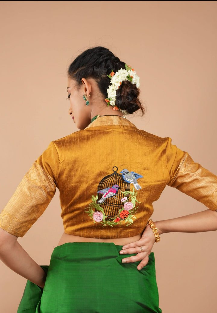 Ochre Pure Raw Silk With Wide Zari Borders and Free Spirit Floral and Birds Embroidery, Customizable, Made to Order