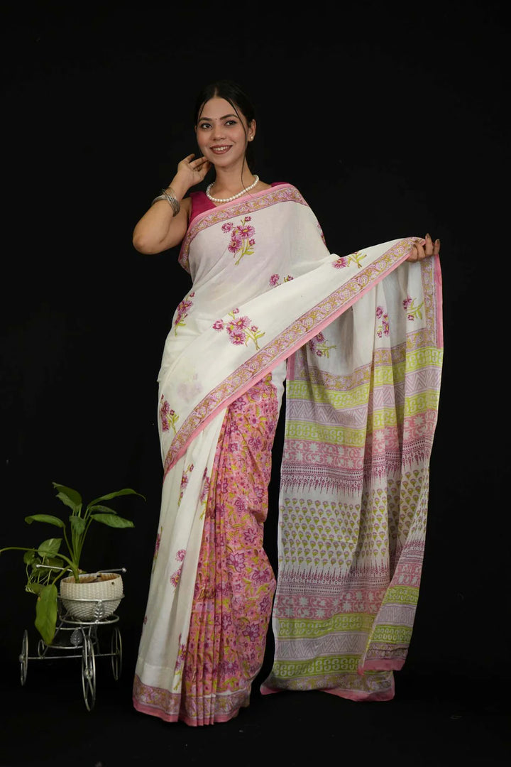 Pure Mulmul Cotton with All Over Vegetable Dye Hand Block Printed Ready To Wear Saree