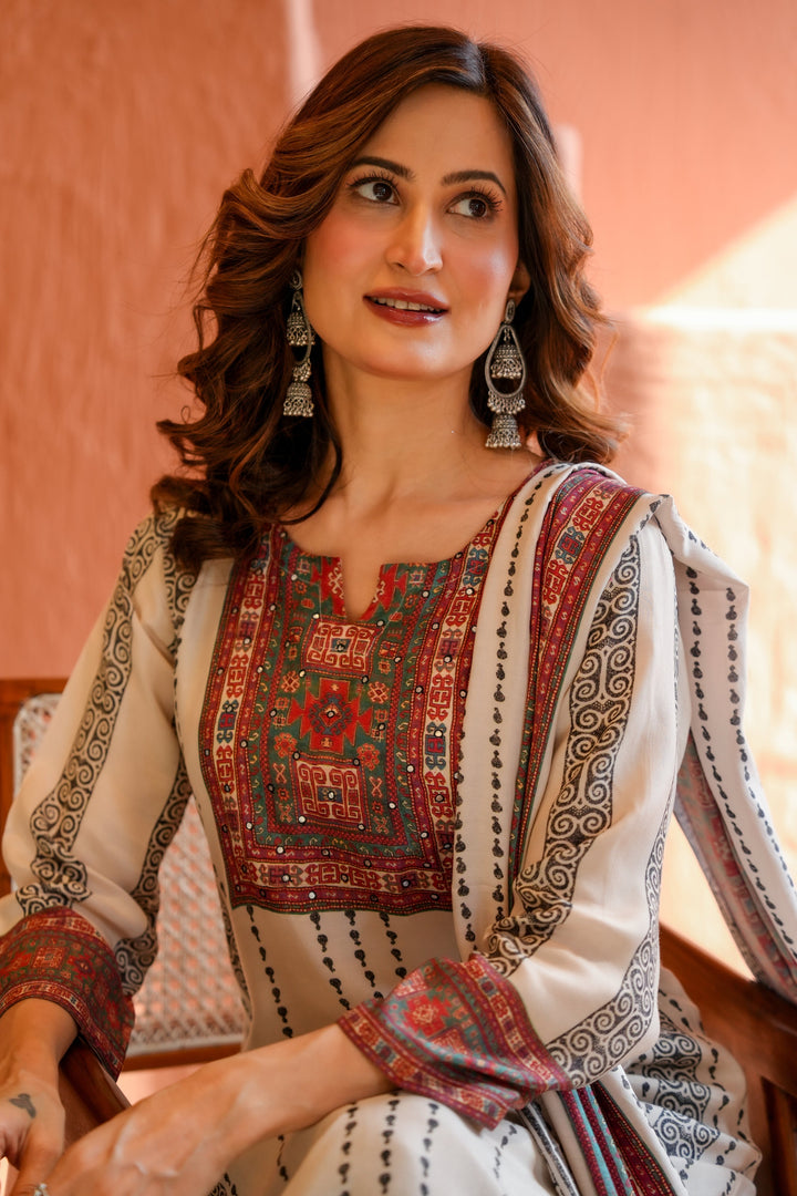 Black and White Striped Print With Multi Coloured Yoke Suit Set - SET OF -2 | SHOBITAM