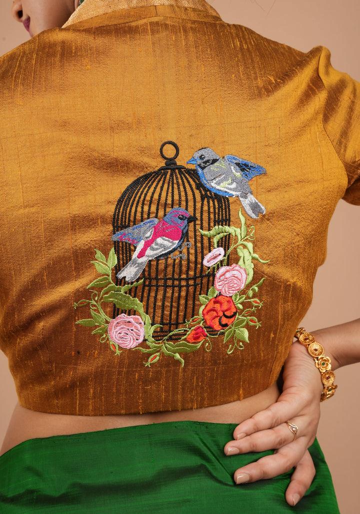 Ochre Pure Raw Silk With Wide Zari Borders and Free Spirit Floral and Birds Embroidery, Customizable, Made to Order